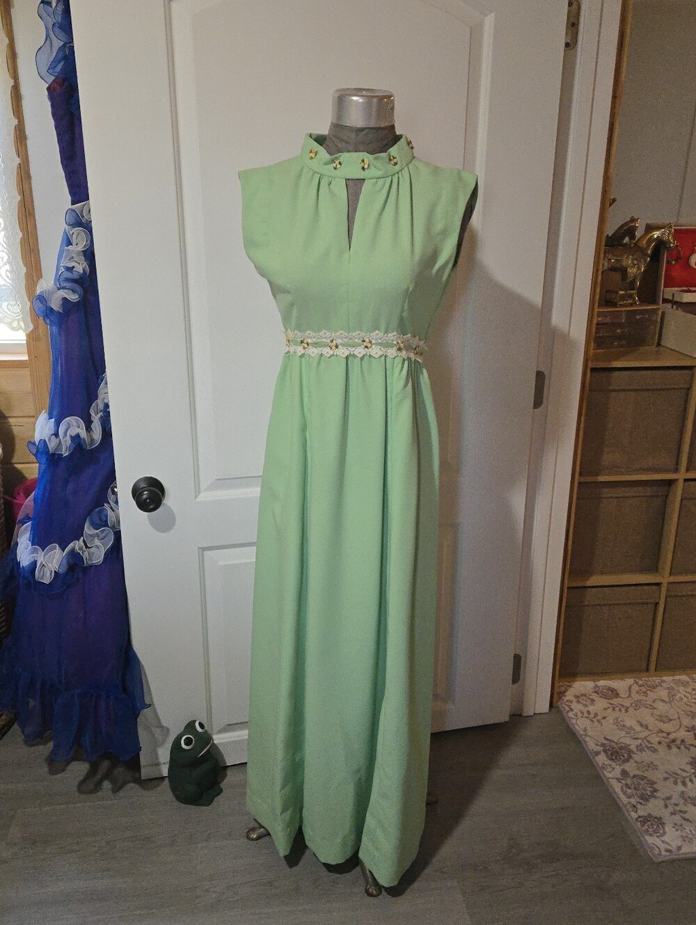 Vintage 80s Green Floral Lace Cottagecore Maxi Dress, Size XS/S, See Description